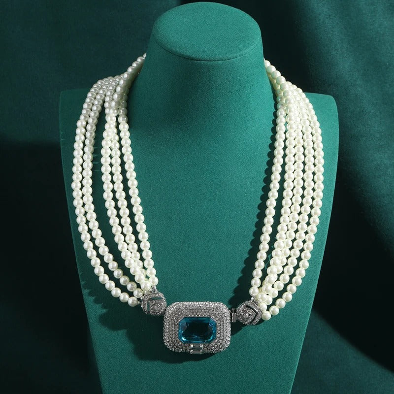 Agathe™ Vintage Blue Crystal Pearl Layered Necklace