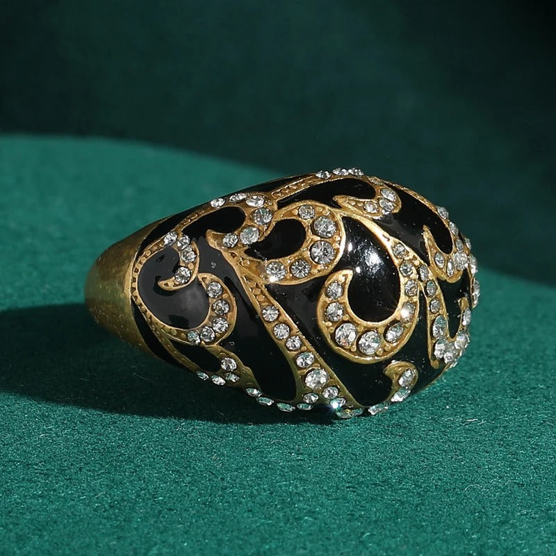 Floravine™ Vintage Black Enamel Engagement Ring – Adjustable Gold-Tone Luxury Jewelry
