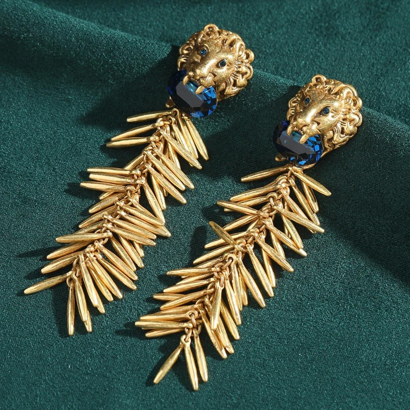 Emily™ Vintage Blue Glass Lion Tassel Drop Earrings