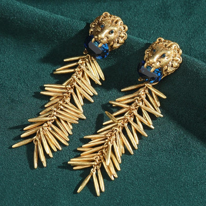 Emily™ Vintage Blue Glass Lion Tassel Drop Earrings