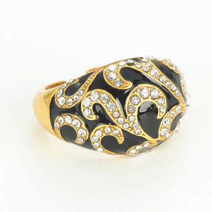 Floravine™ Vintage Black Enamel Engagement Ring – Adjustable Gold-Tone Luxury Jewelry