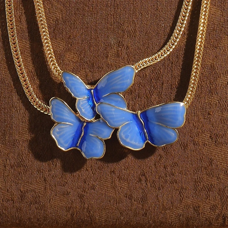 Buravia™ Vintage Blue Enamel Butterfly Pendant Necklace