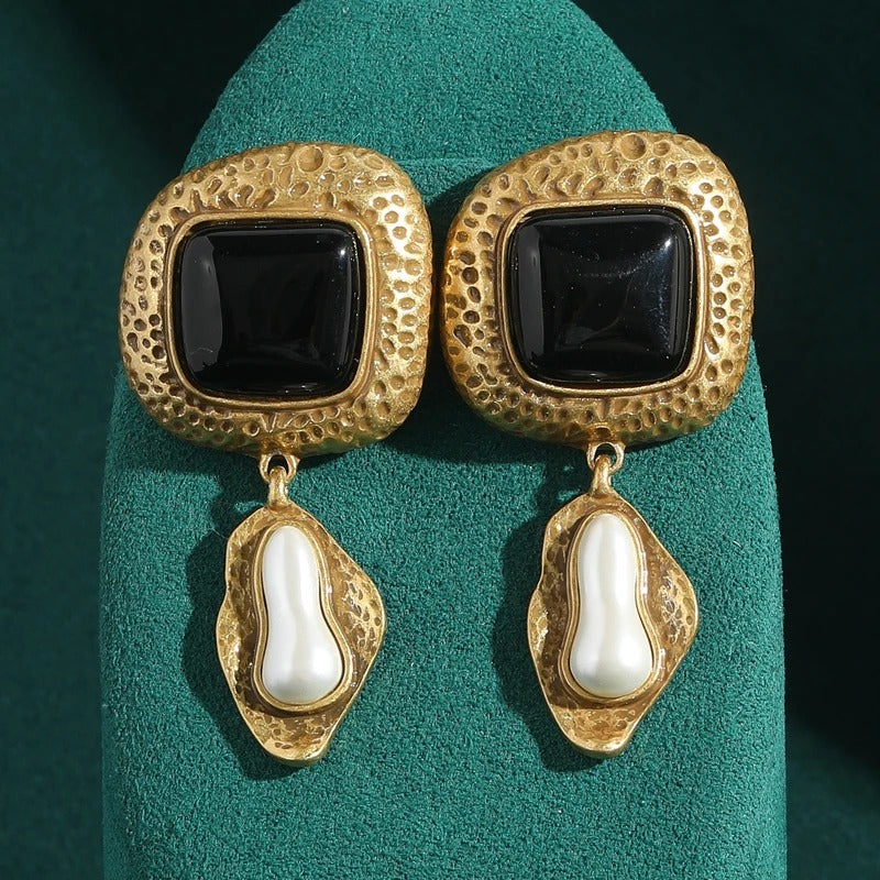 Elleinore™ Vintage Black Agate Pearl Drop Earrings