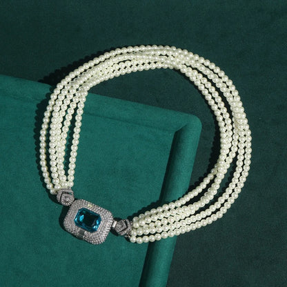 Agathe™ Vintage Blue Crystal Pearl Layered Necklace