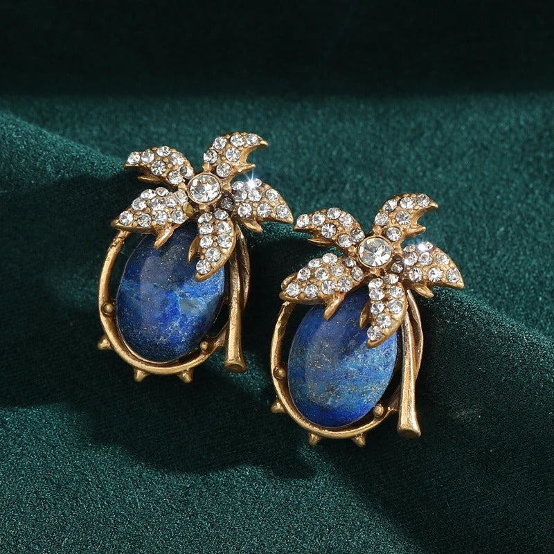 Caliora™ Vintage Blue Crystal Floral Stud Earrings