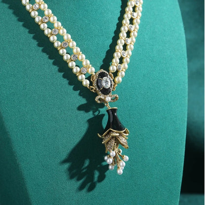 Fernanda™ Vintage Pearl Flower Black Crystal Necklace