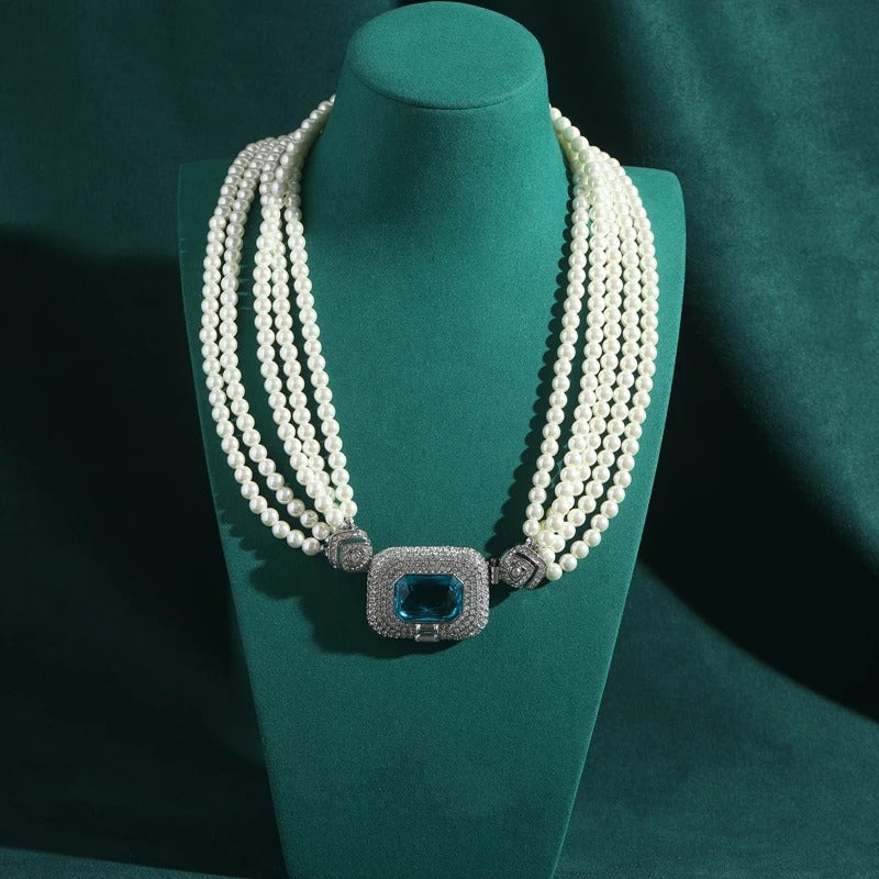 Agathe™ Vintage Blue Crystal Pearl Layered Necklace