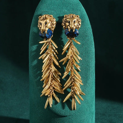 Emily™ Vintage Blue Glass Lion Tassel Drop Earrings