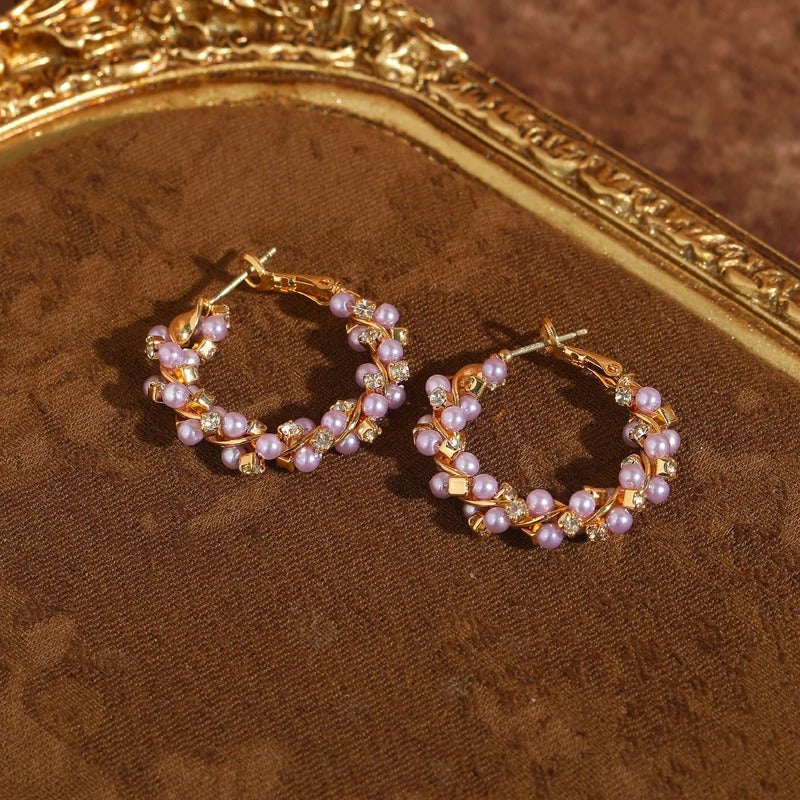 Apearloura™ Vintage Pink Pearl Floral Hoop Earrings
