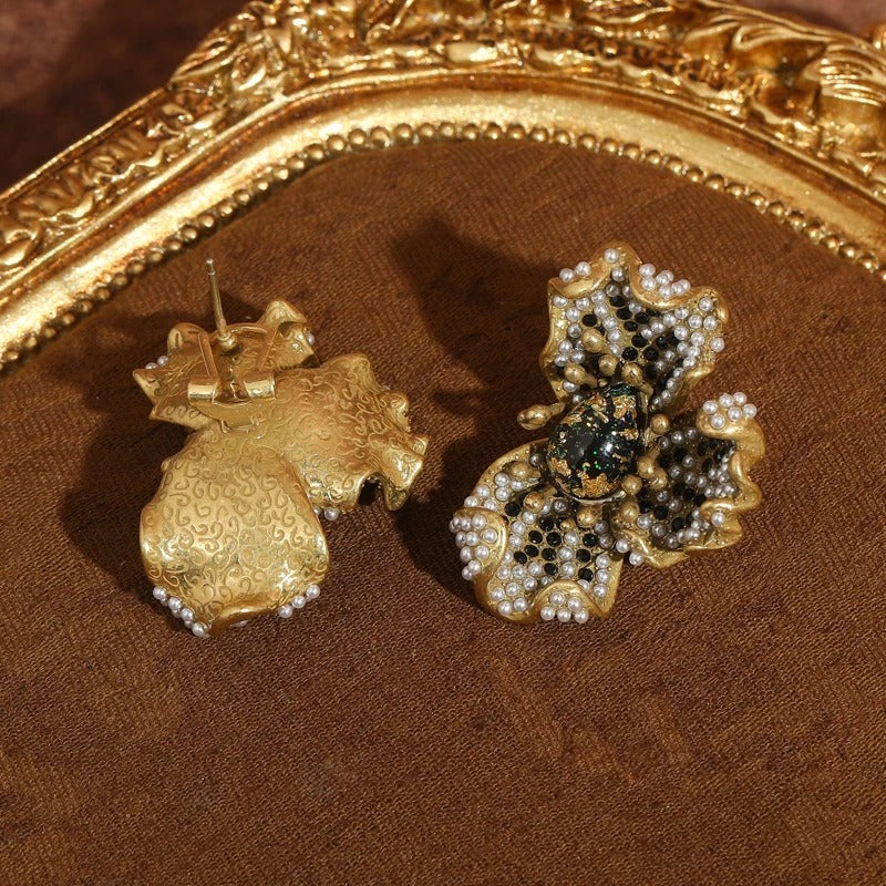 Bivoria™ Vintage Green Opal Pearl Flower Stud Earrings