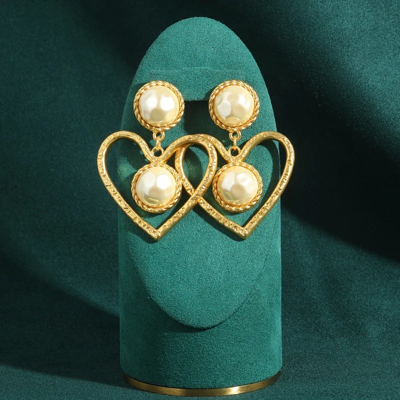 Ahrelia™ Vintage Gold Pearl Heart Drop Earrings