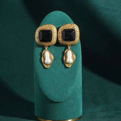 Elleinore™ Vintage Black Agate Pearl Drop Earrings