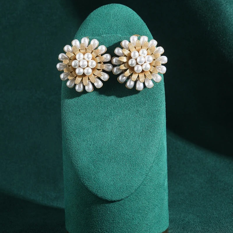 Helia™ Luxury Gold Pearl Flower Statement Earrings