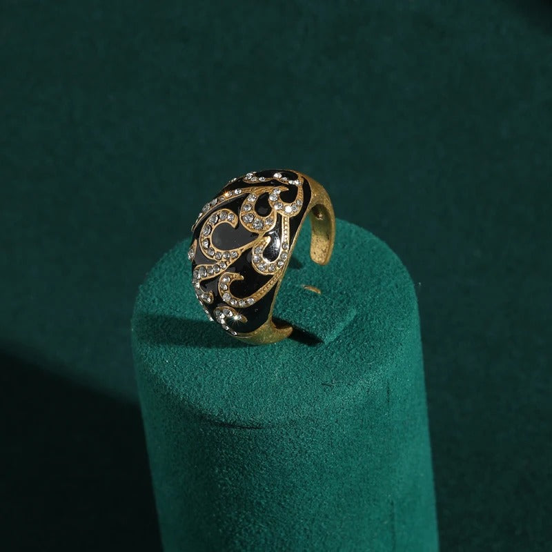 Floravine™ Vintage Black Enamel Engagement Ring – Adjustable Gold-Tone Luxury Jewelry