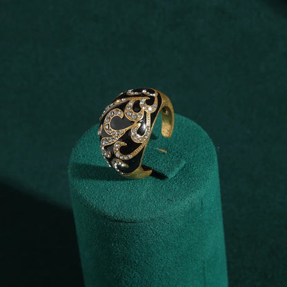 Floravine™ Vintage Black Enamel Engagement Ring – Adjustable Gold-Tone Luxury Jewelry
