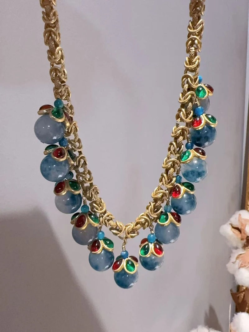 Celestia™ Vintage Blue Glass Stone Tassel Necklace
