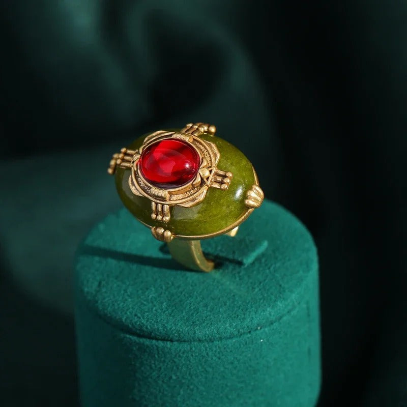 Amélisse™ Vintage Green Enamel Red Oval Glass Ring
