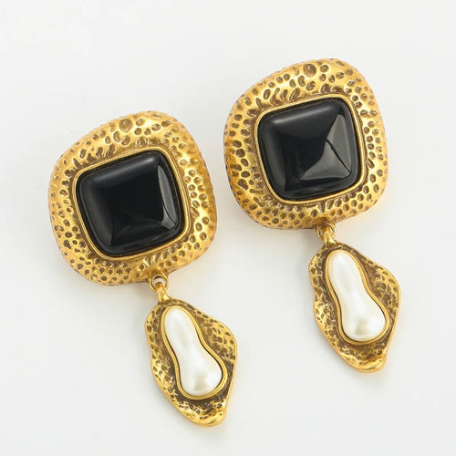 Elleinore™ Vintage Black Agate Pearl Drop Earrings