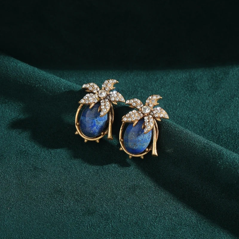 Caliora™ Vintage Blue Crystal Floral Stud Earrings