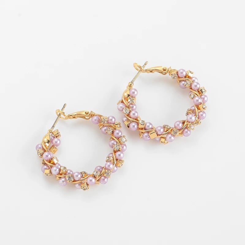 Apearloura™ Vintage Pink Pearl Floral Hoop Earrings