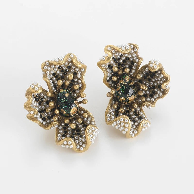 Bivoria™ Vintage Green Opal Pearl Flower Stud Earrings