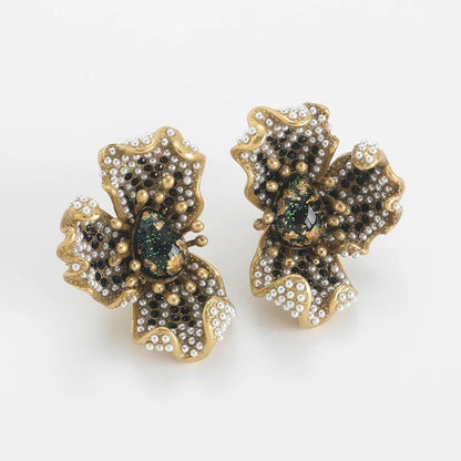 Bivoria™ Vintage Green Opal Pearl Flower Stud Earrings