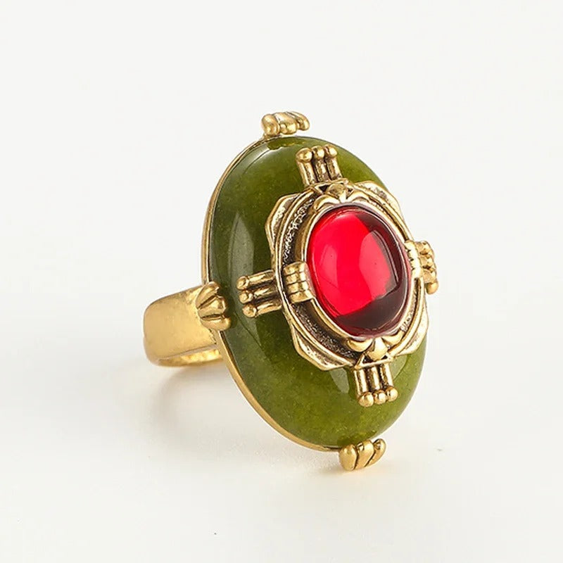 Amélisse™ Vintage Green Enamel Red Oval Glass Ring