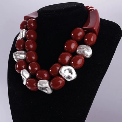 Calvoria™ Burgundy & Silver Chunky Layered Statement Necklace