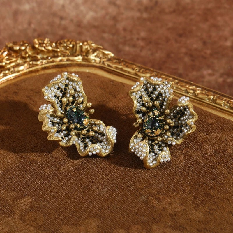 Bivoria™ Vintage Green Opal Pearl Flower Stud Earrings