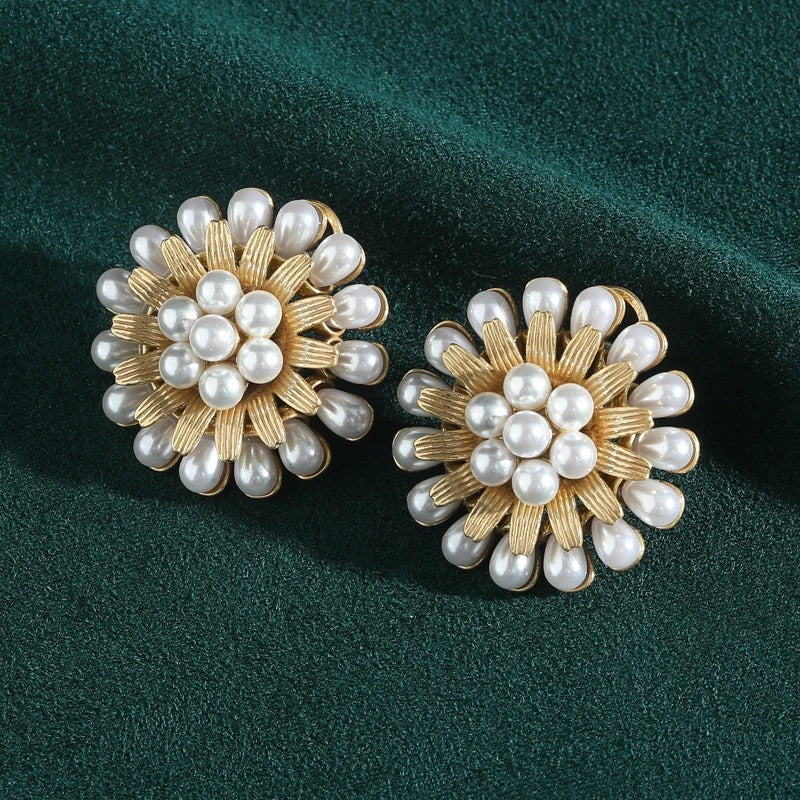 Helia™ Luxury Gold Pearl Flower Statement Earrings