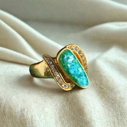 Orelune™ Dopamine Blue Shell Ring – Vintage Gold Luxury Statement for Women