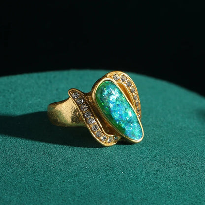 Orelune™ Dopamine Blue Shell Ring – Vintage Gold Luxury Statement for Women