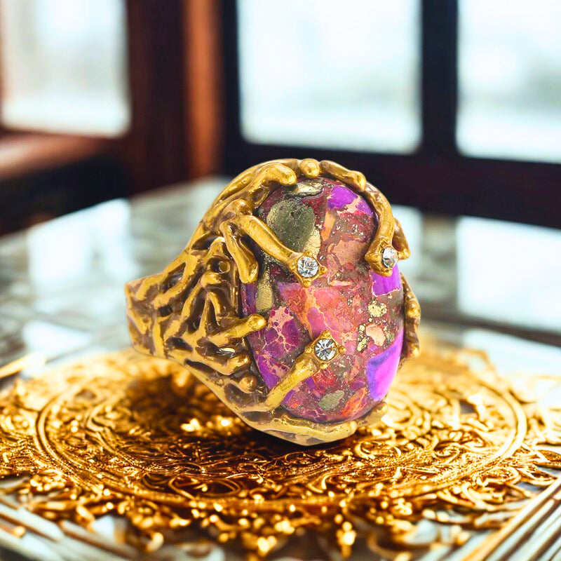 Oryvette™ Vintage Purple Stone Ring – Adjustable Botanical-Inspired Gold Statement