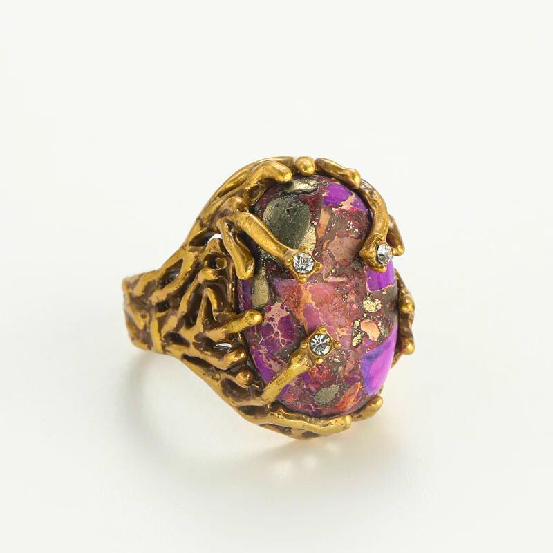 Oryvette™ Vintage Purple Stone Ring – Adjustable Botanical-Inspired Gold Statement