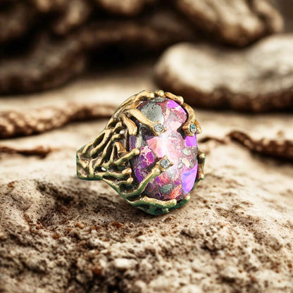Oryvette™ Vintage Purple Stone Ring – Adjustable Botanical-Inspired Gold Statement
