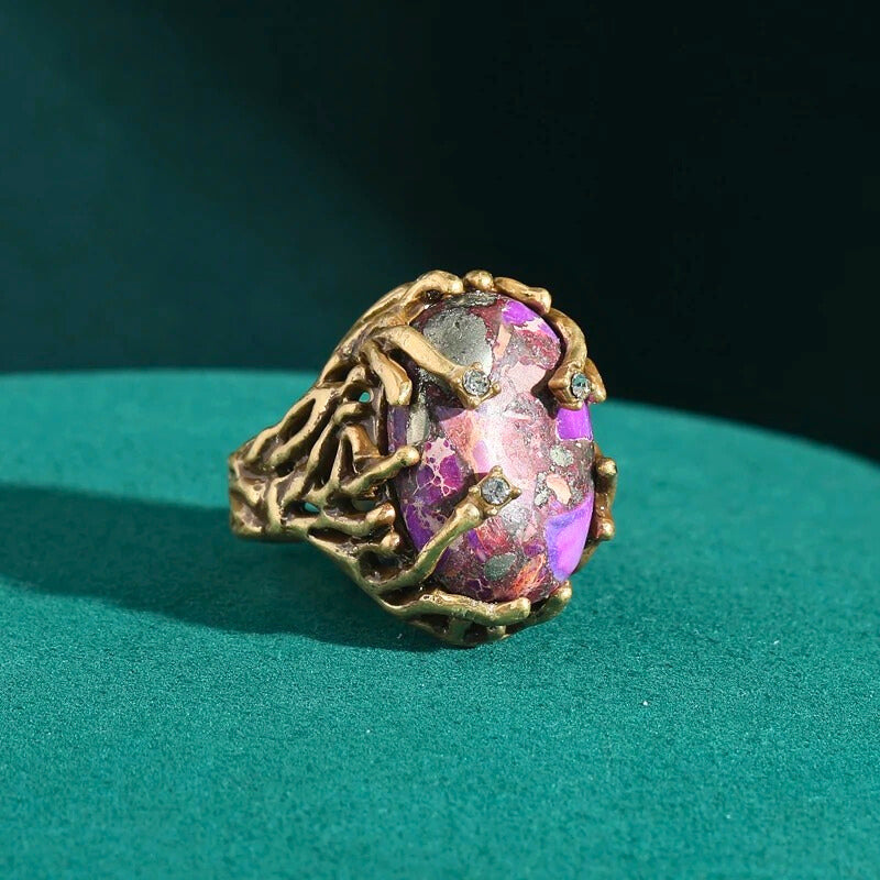 Oryvette™ Vintage Purple Stone Ring – Adjustable Botanical-Inspired Gold Statement