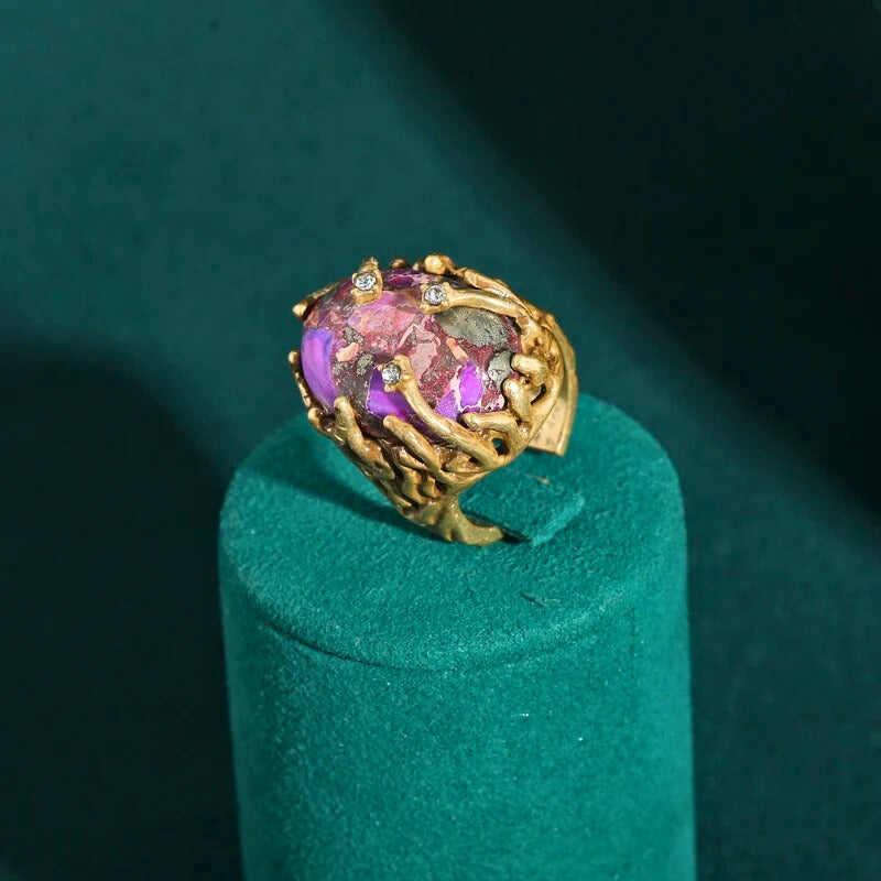Oryvette™ Vintage Purple Stone Ring – Adjustable Botanical-Inspired Gold Statement